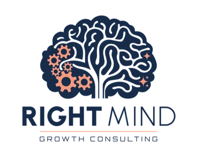 Right Mind Growth Consulting brain logo with gears on the left and growth on the right